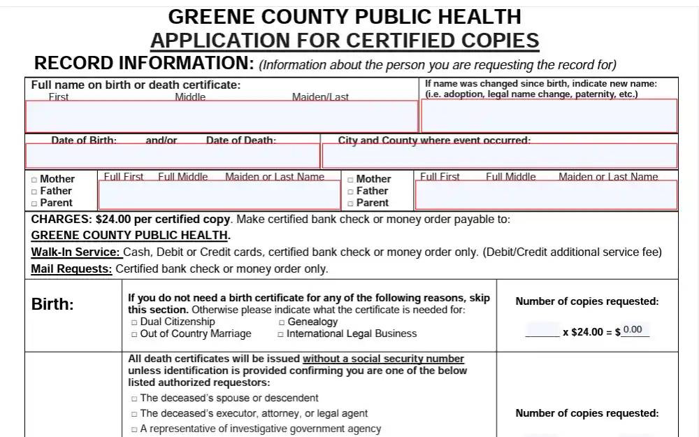 A screenshot of the form used to obtain birth and death documentation in Greene County, Ohio.