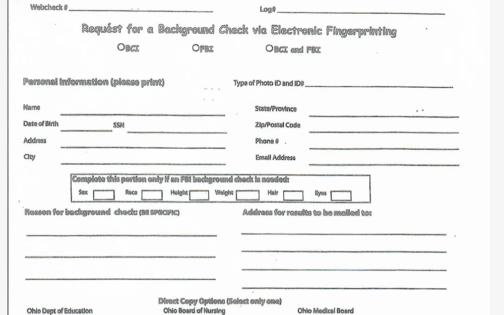 A screenshot of the form used to request for a background check, which is completed via electronic fingerprinting.