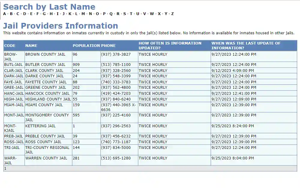 A screenshot of the database that accesses records from other jails, including Greene County Jail.