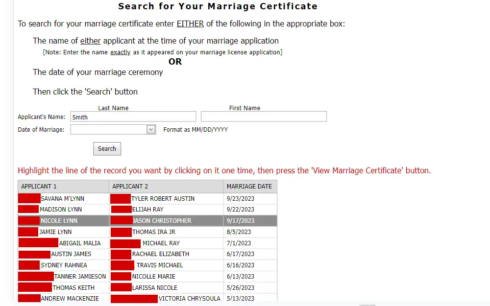 A screenshot of the tool to request marriage documents in Greene County, Ohio.