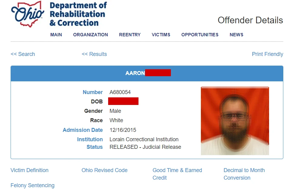 A screenshot of the search tool that can be used to find criminal data of inmates incarcerated in Ohio state facilities, those under APA supervision, and violators at large.