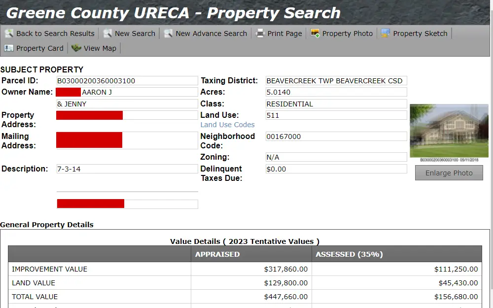 A screenshot of the search tool to view property details in Greene County, Ohio.
