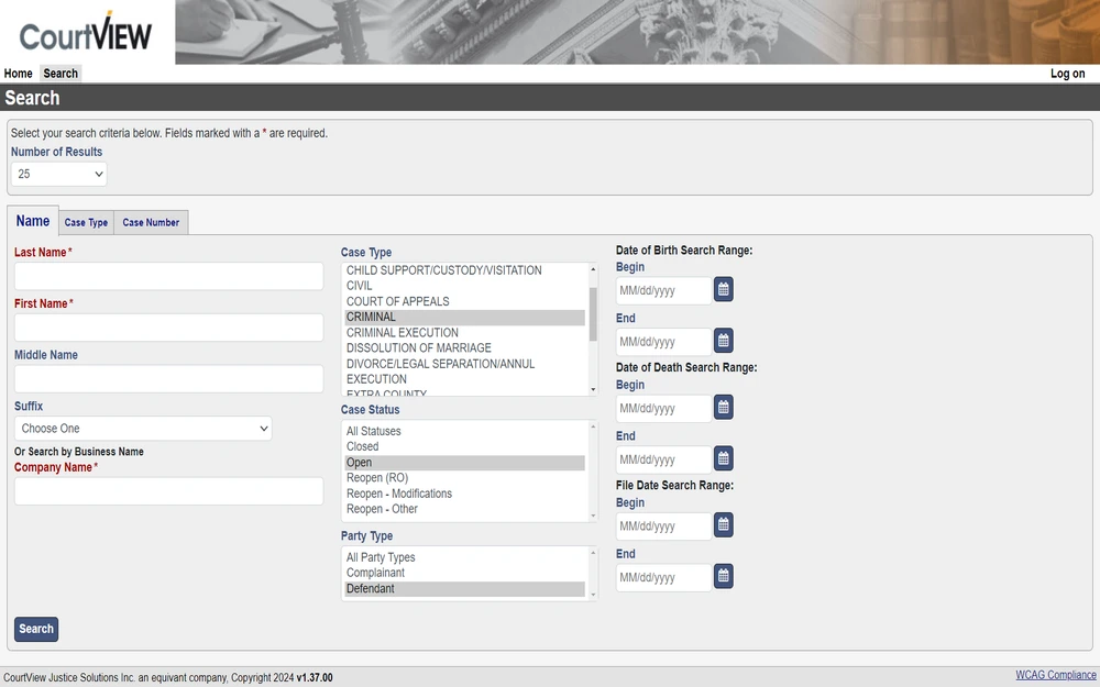 A screenshot of a court document search interface from a legal case management system featuring input fields for name and company name, case type, case status, and party type, as well as date range options for birth, death, and file dates, aimed at facilitating public access to various court records.