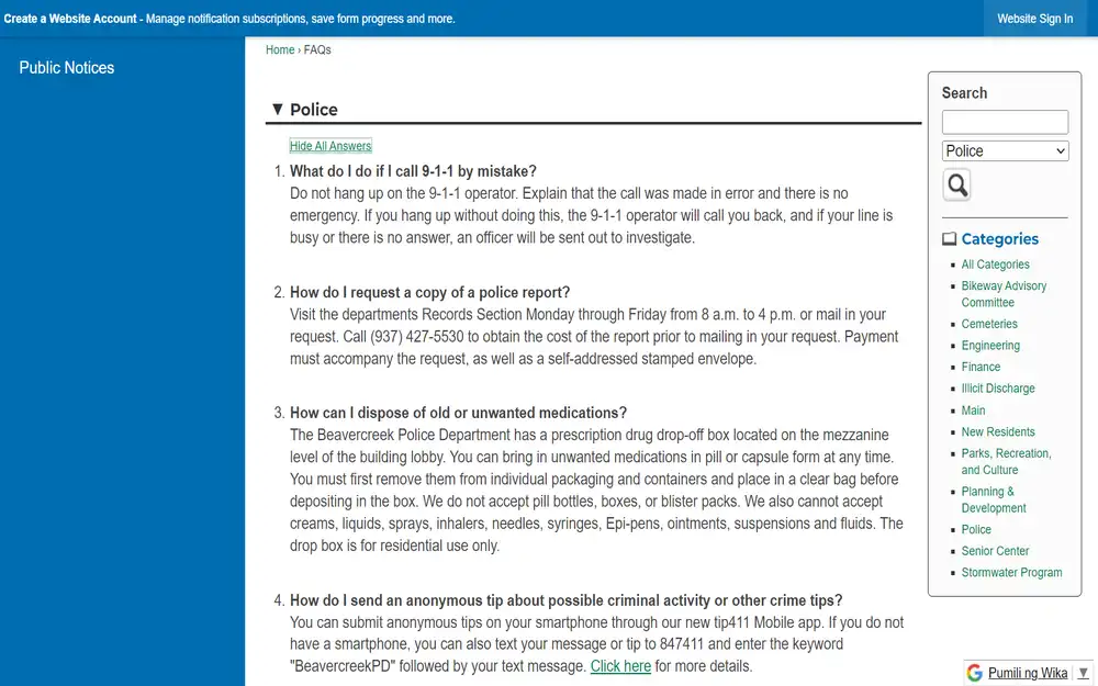 A screenshot of a police department's FAQ section on a public service website, addressing questions about accidental 9-1-1 calls, obtaining police reports, disposing of medications, and providing anonymous tips, complete with a search bar and a categorized list of information topics on the right-hand side.