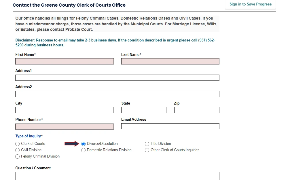 A screenshot of the inquiry form of the Greene County Clerk of Courts Office shows a disclaimer about the cases they handle and the average response time, followed by the input fields for first name, last name, address, phone number, email address, and question or comment, with options provided for the type of inquiry with "Divorce/Dissolution" selected.