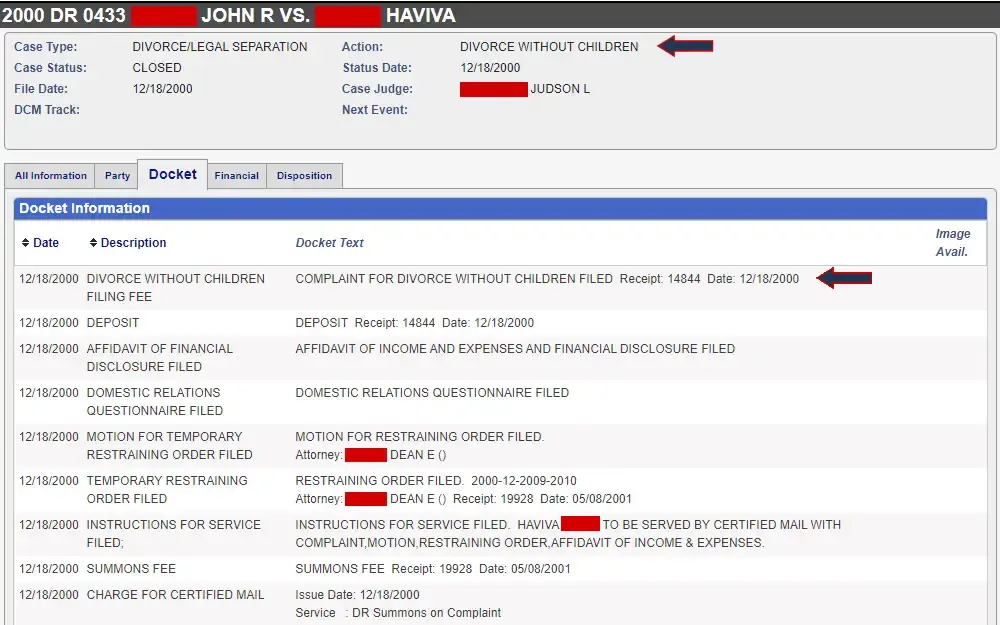 A screenshot of a case detail of a divorce without children shows the case title, type, status, file date, DCM track, action, status date, case judge, and next event at the top section and displays the content of the docket tab below, including the event date, description, and docket text.